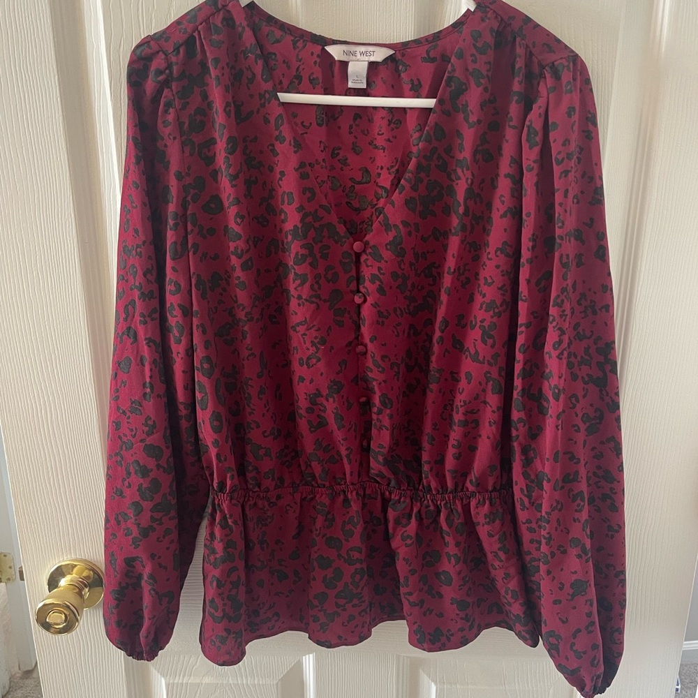 Nine West Burgundy and Black Patterned Blouse